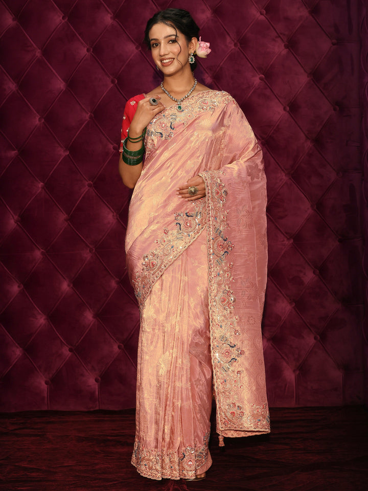 Libas Art Pink Woven Design Silk Blend Saree with Embroidered Border