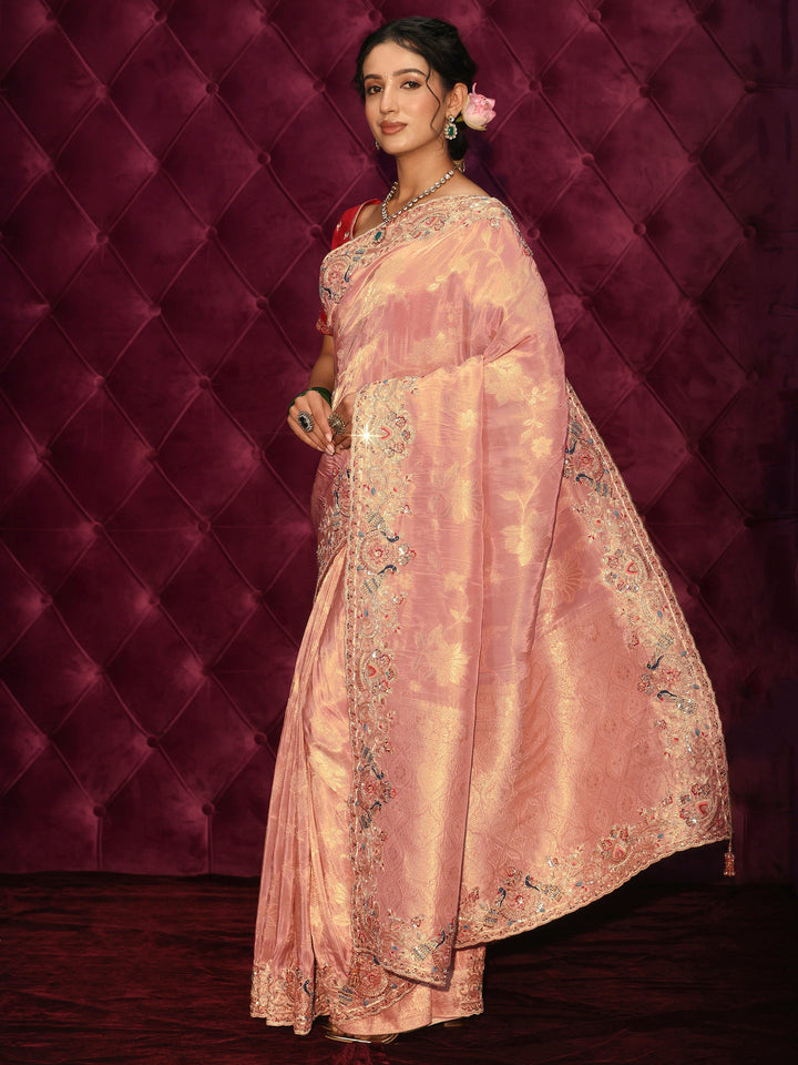 Libas Art Pink Woven Design Silk Blend Saree with Embroidered Border