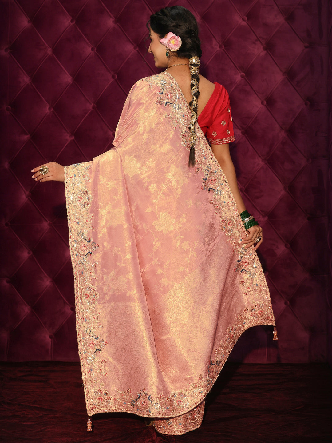 Libas Art Pink Woven Design Silk Blend Saree with Embroidered Border
