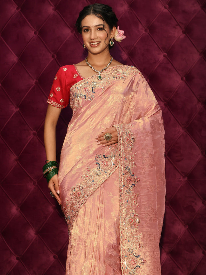 Libas Art Pink Woven Design Silk Blend Saree with Embroidered Border