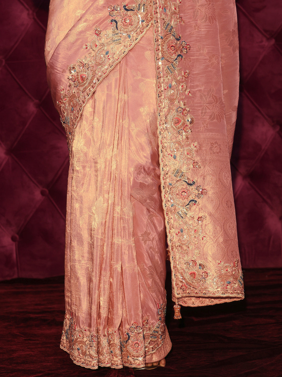 Libas Art Pink Woven Design Silk Blend Saree with Embroidered Border