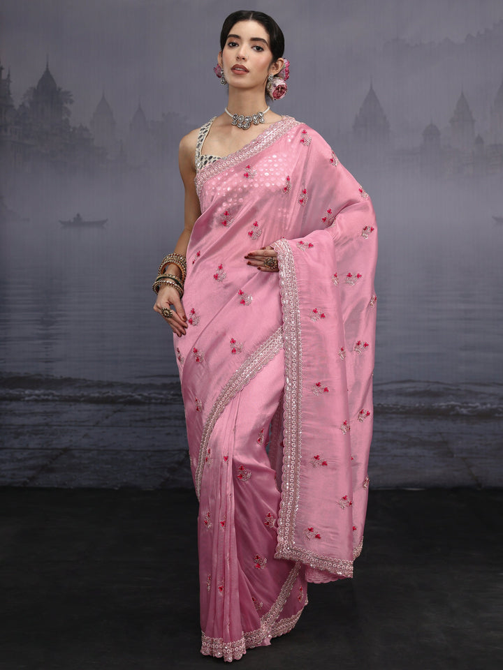 Libas Art Pink Floral Embellished Tissue Saree