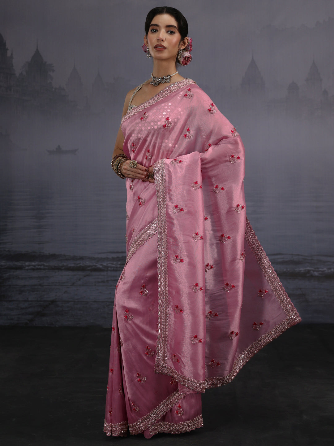 Libas Art Pink Floral Embellished Tissue Saree