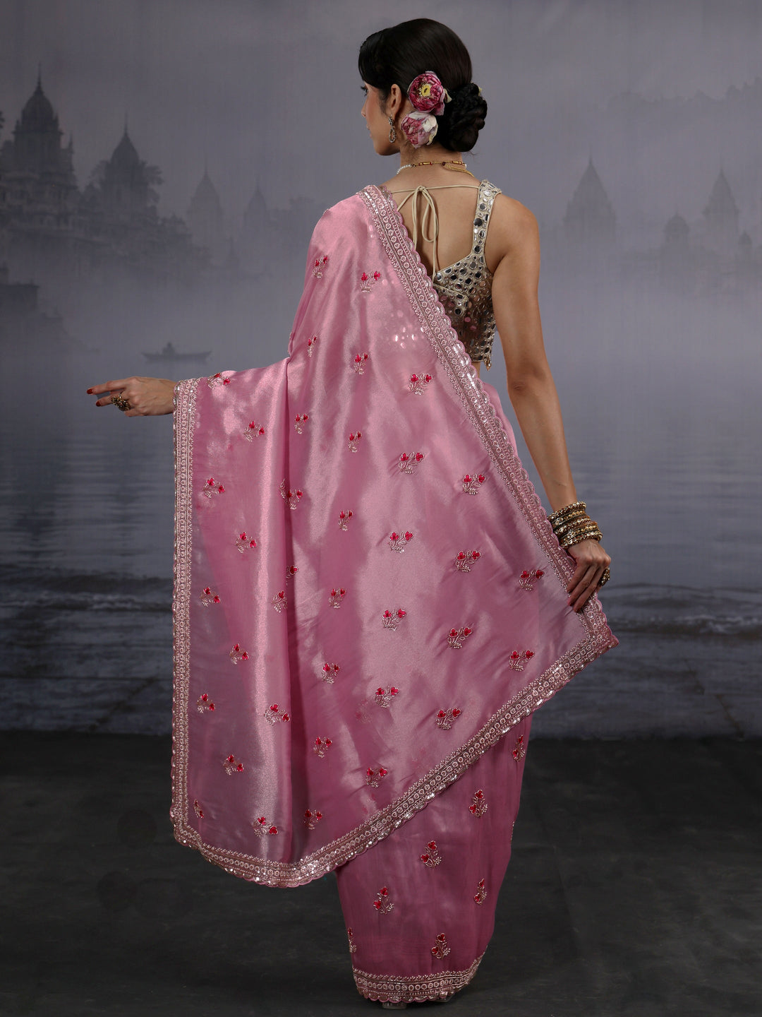 Libas Art Pink Floral Embellished Tissue Saree