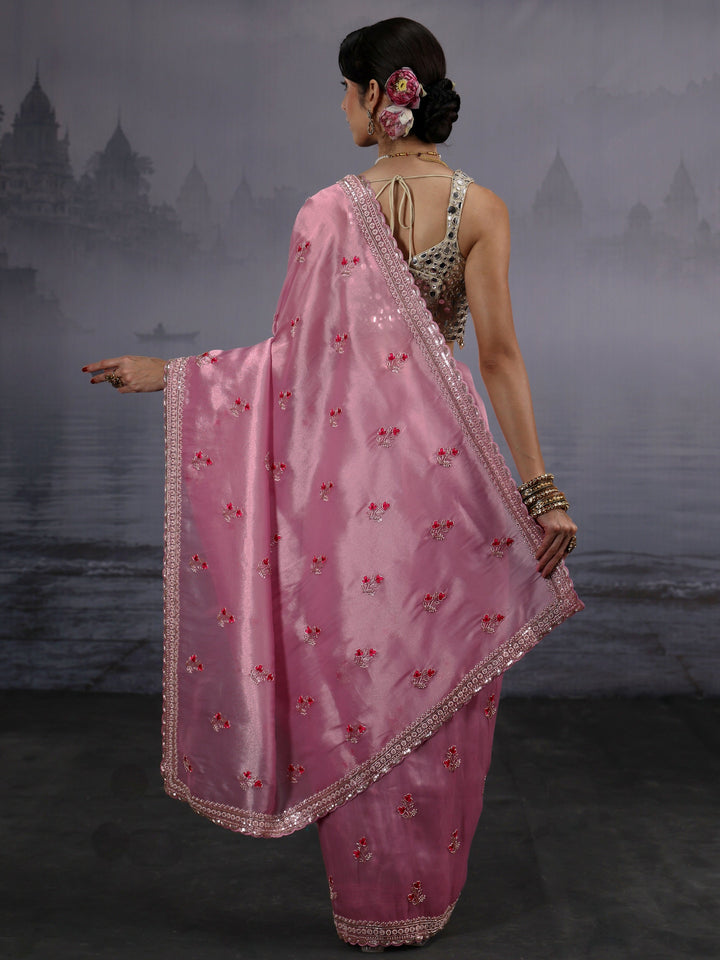 Libas Art Pink Floral Embellished Tissue Saree
