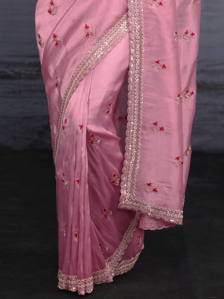 Libas Art Pink Floral Embellished Tissue Saree