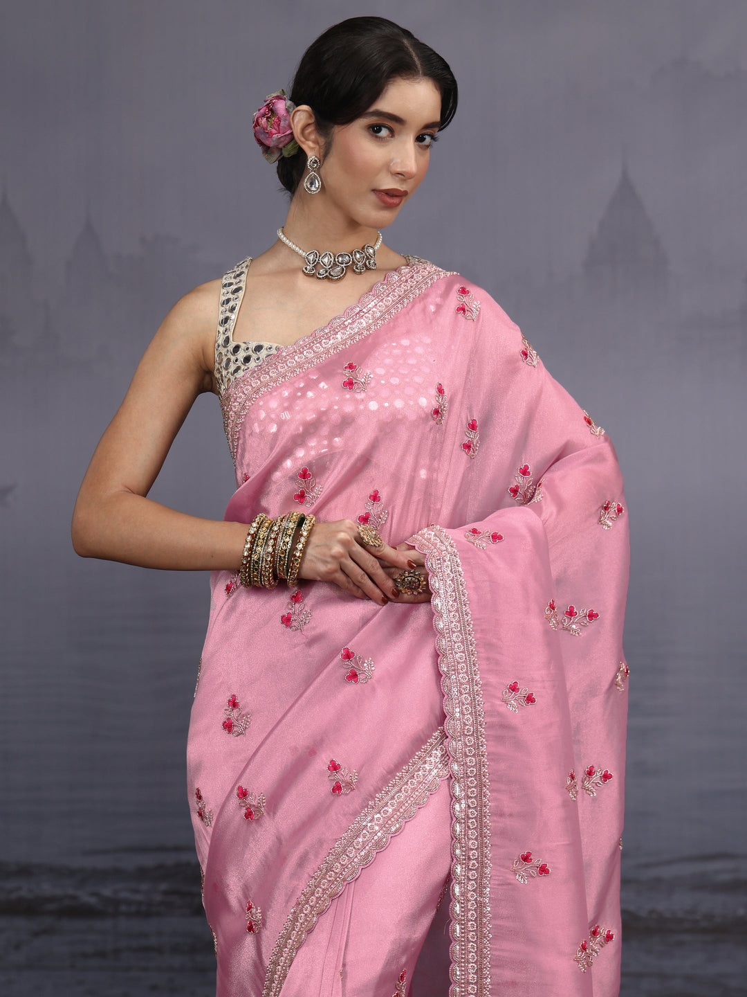 Libas Art Pink Floral Embellished Tissue Saree