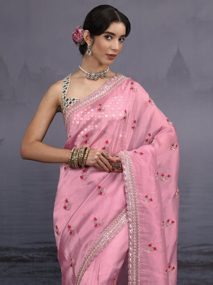 Libas Art Pink Floral Embellished Tissue Saree