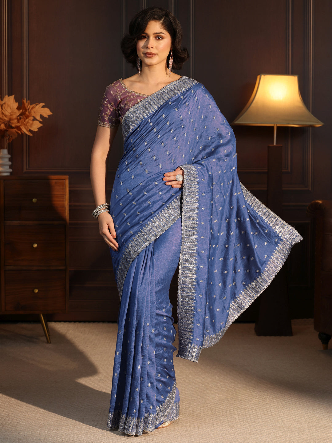 Libas Cobalt Blue Embellished Silk Blend Saree