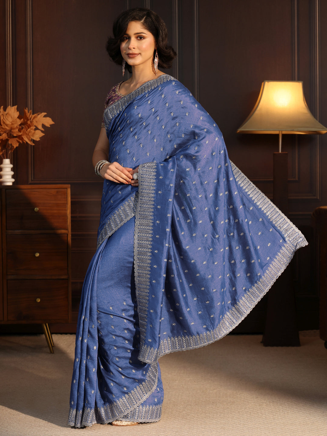 Libas Cobalt Blue Embellished Silk Blend Saree