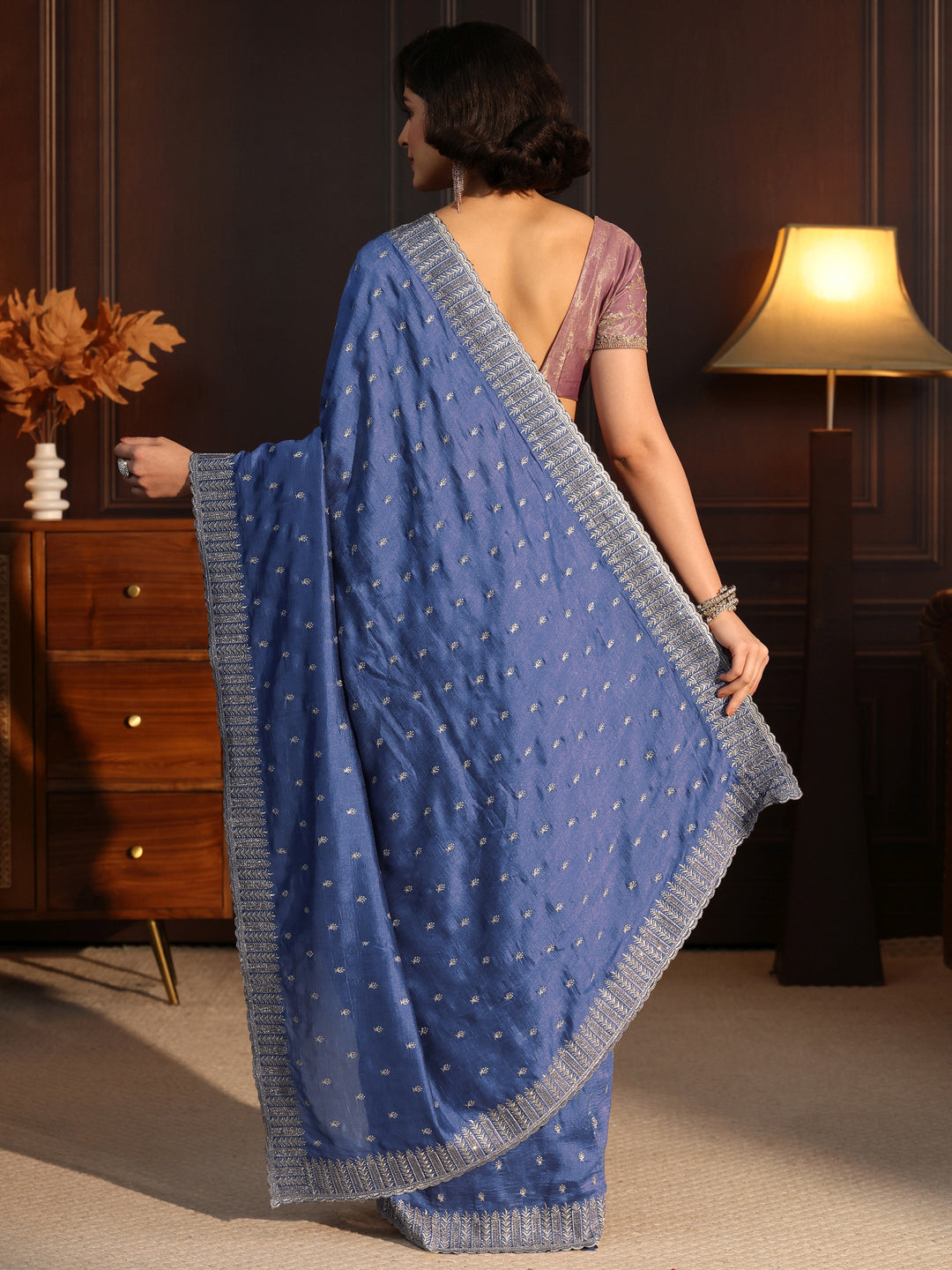 Libas Cobalt Blue Embellished Silk Blend Saree