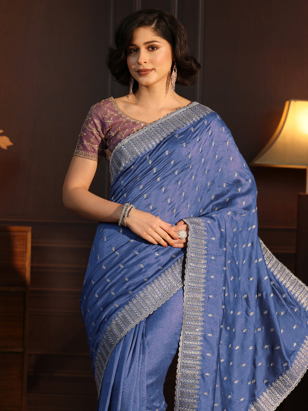 Libas Cobalt Blue Embellished Silk Blend Saree