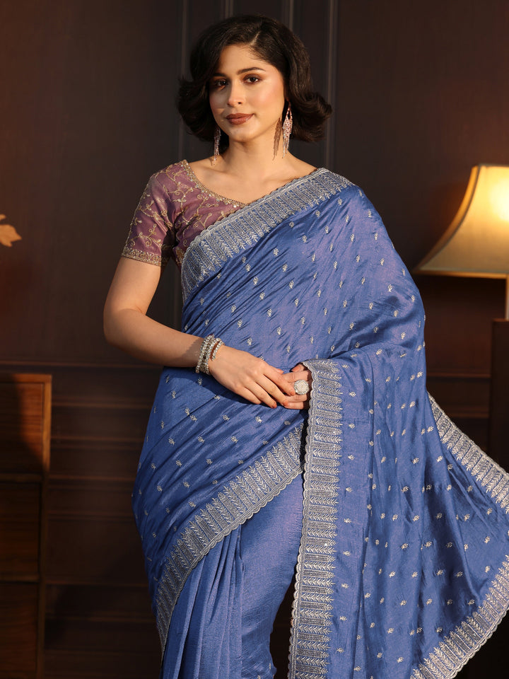 Libas Cobalt Blue Embellished Silk Blend Saree