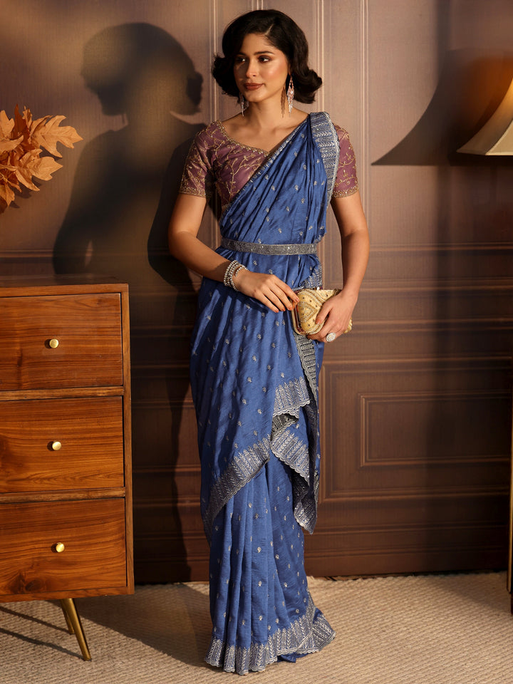 Libas Cobalt Blue Embellished Silk Blend Saree