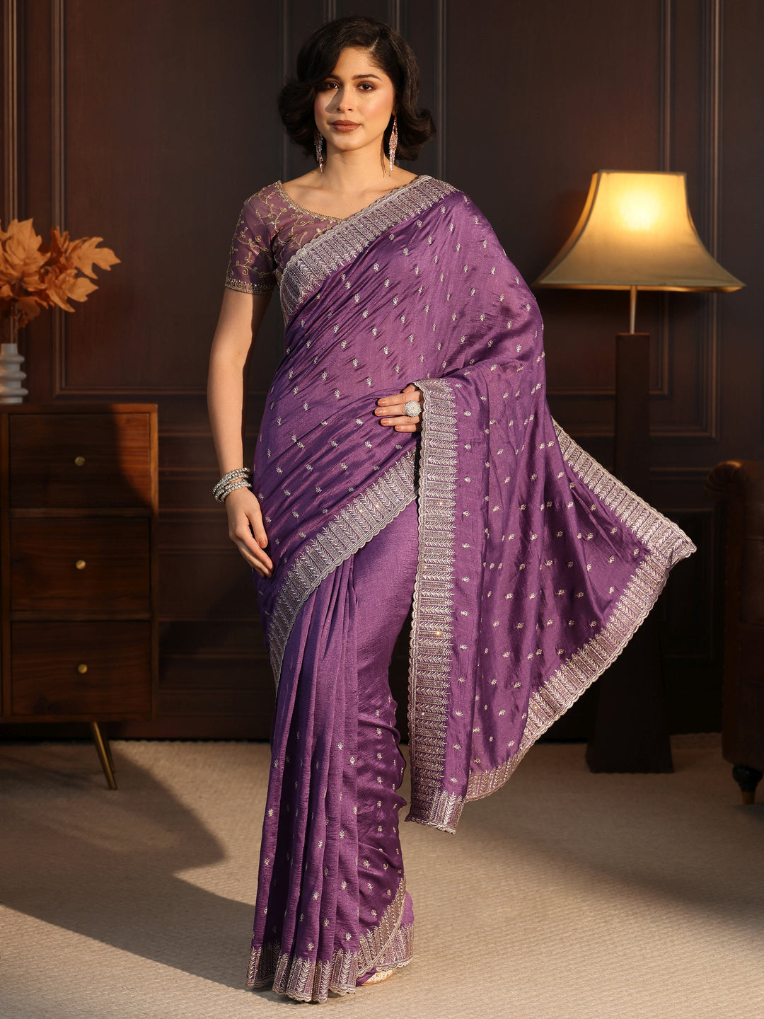 Libas Lavender Embellished Silk Blend Saree