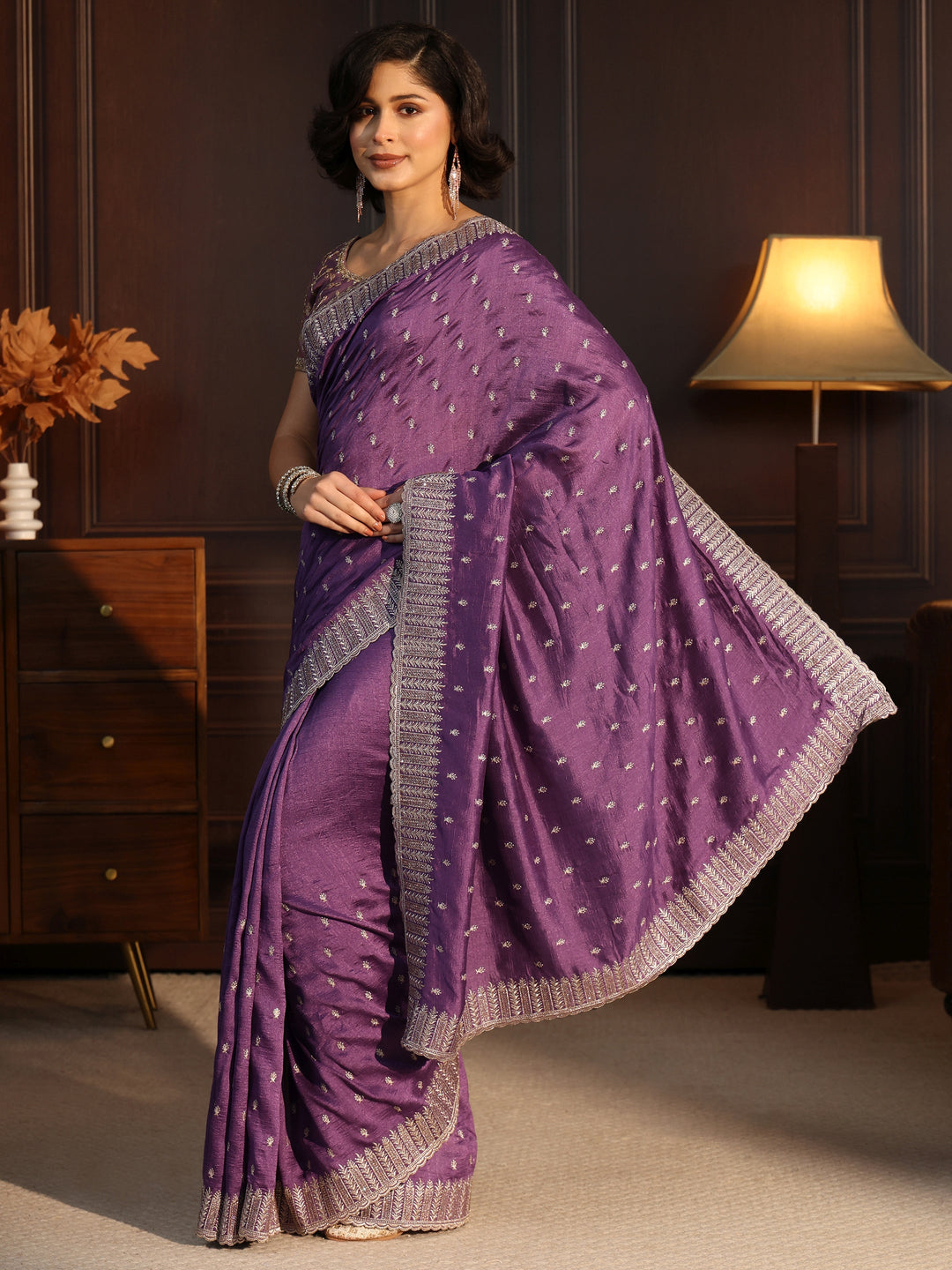Libas Lavender Embellished Silk Blend Saree