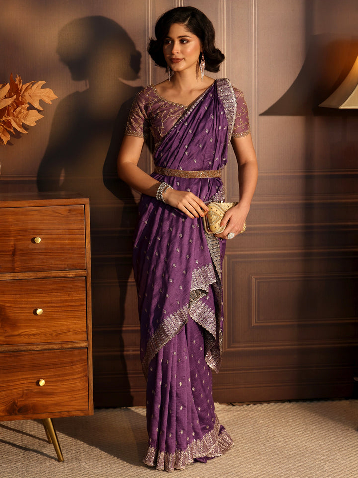 Libas Lavender Embellished Silk Blend Saree
