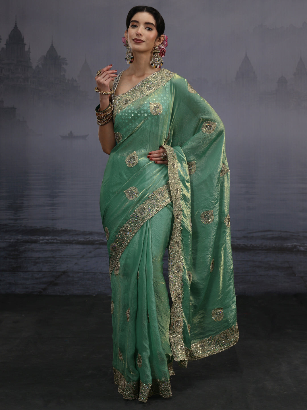 Libas Green Sequin Embellished Tissue Saree