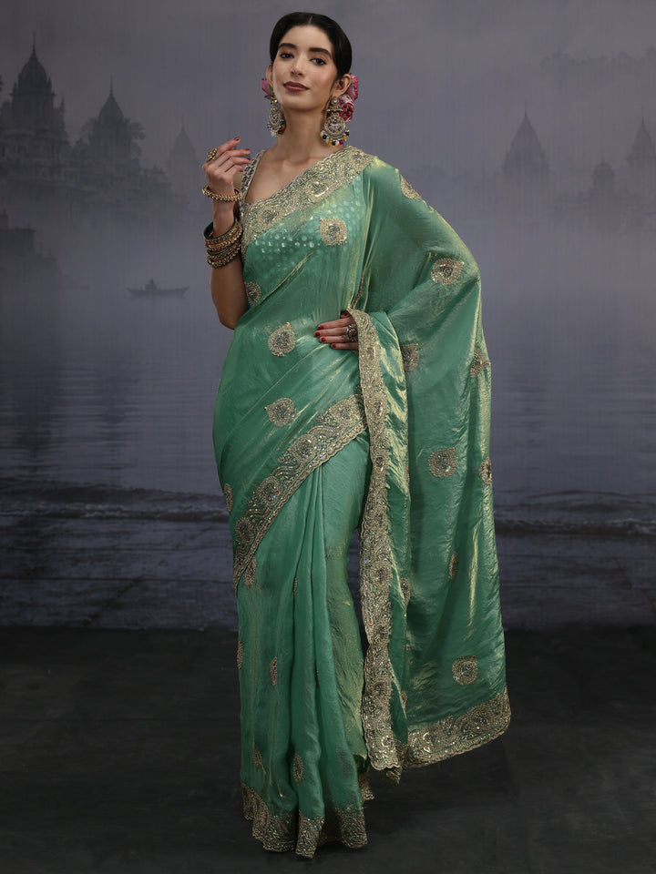 Libas Green Sequin Embellished Tissue Saree