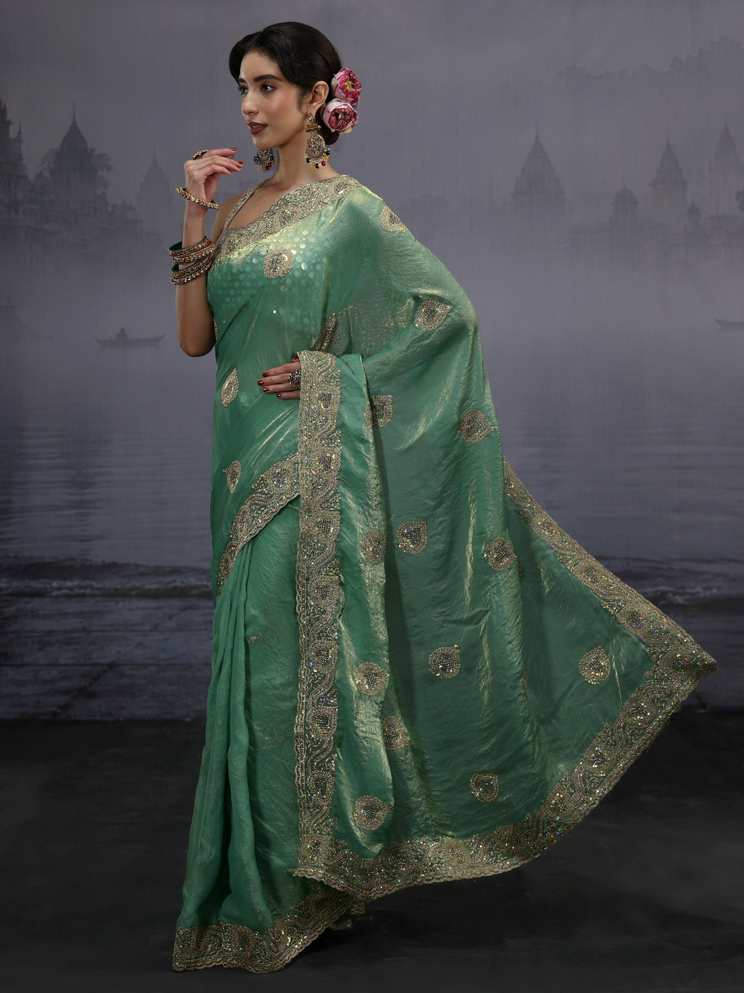 Libas Green Sequin Embellished Tissue Saree
