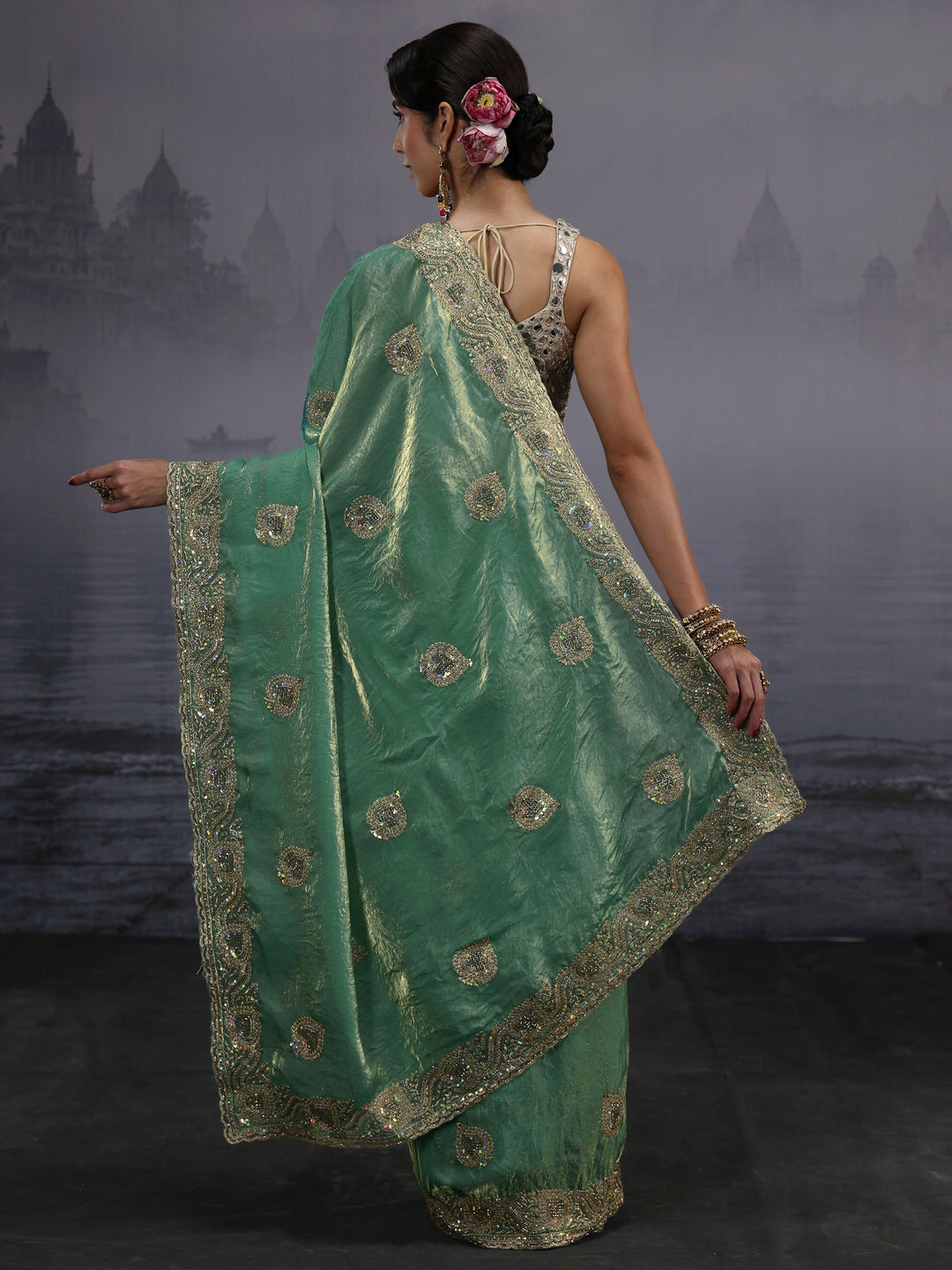 Libas Green Sequin Embellished Tissue Saree