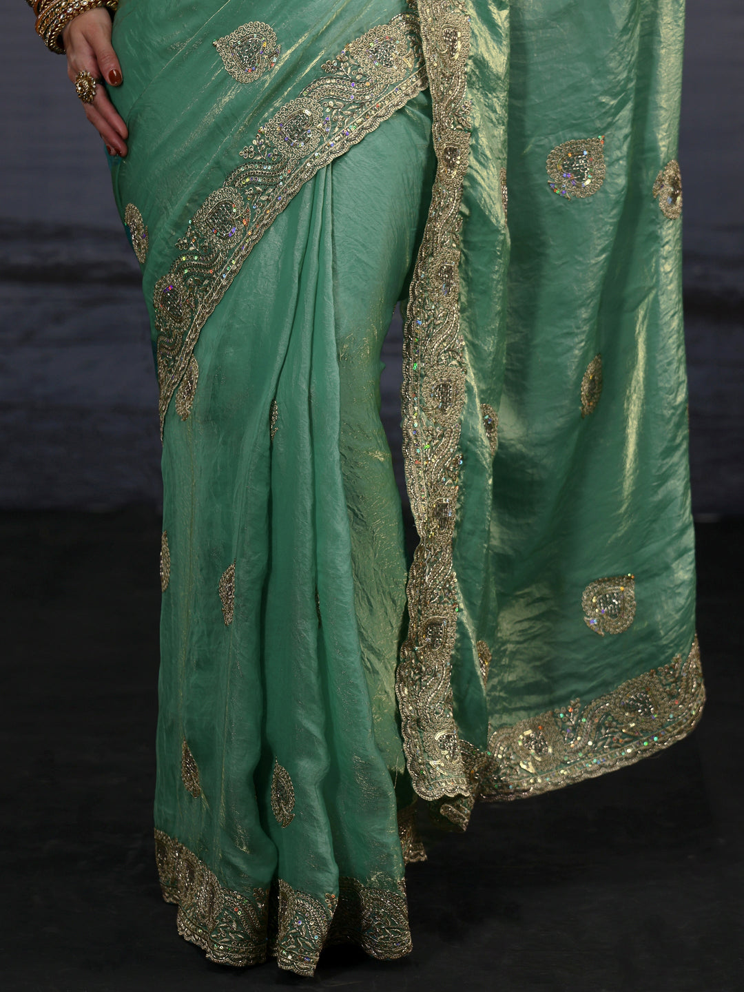 Libas Green Sequin Embellished Tissue Saree