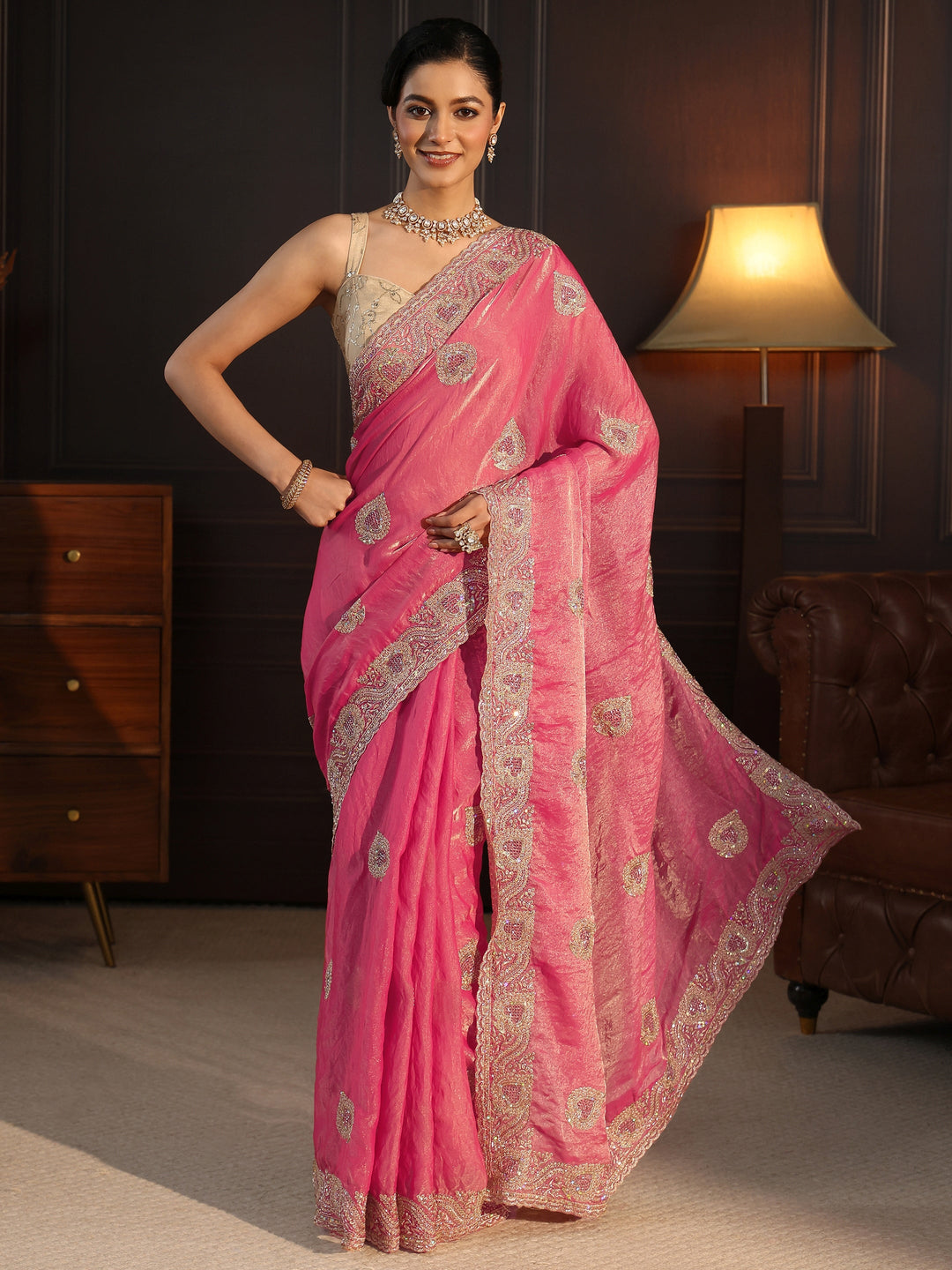 Libas Peach Sequin Embellished Tissue Saree
