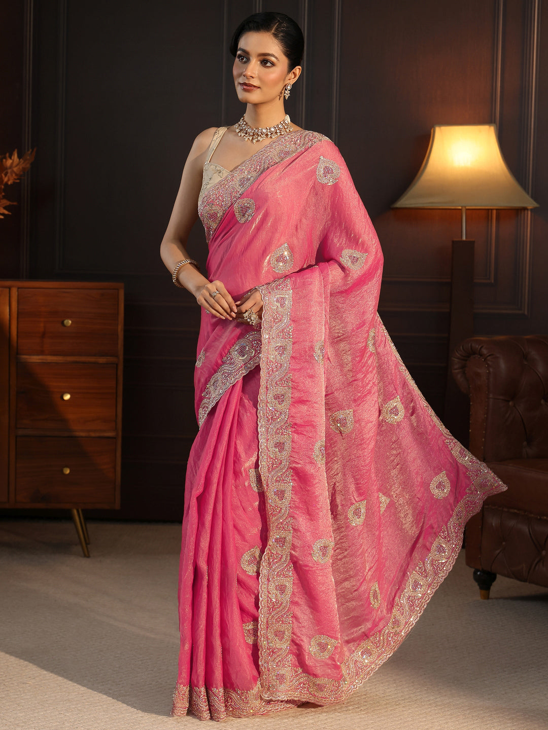 Libas Peach Sequin Embellished Tissue Saree