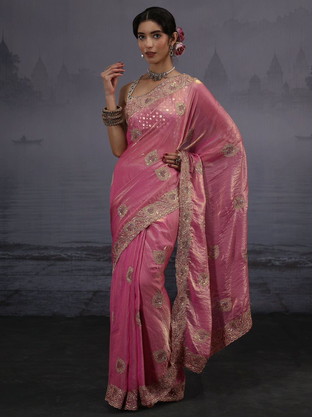 Libas Pink Sequin Embellished Tissue Saree