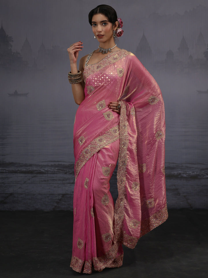 Libas Pink Sequin Embellished Tissue Saree