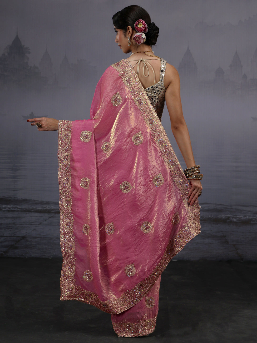 Libas Pink Sequin Embellished Tissue Saree