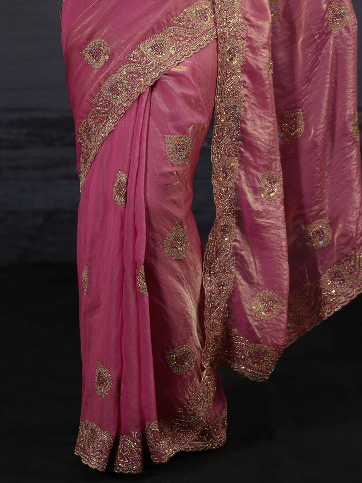 Libas Pink Sequin Embellished Tissue Saree