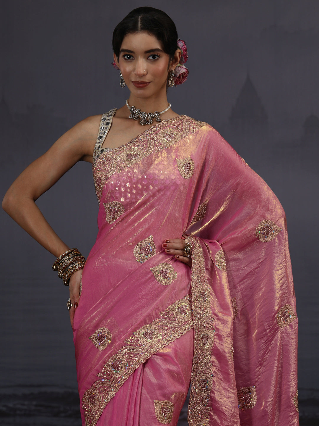 Libas Pink Sequin Embellished Tissue Saree