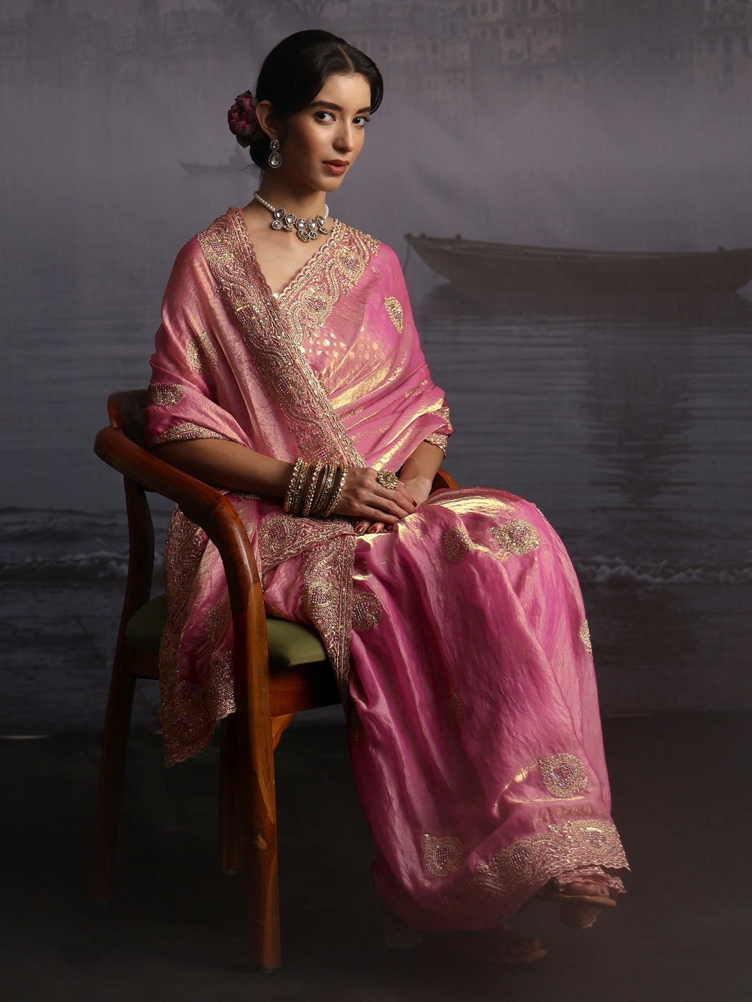 Libas Pink Sequin Embellished Tissue Saree