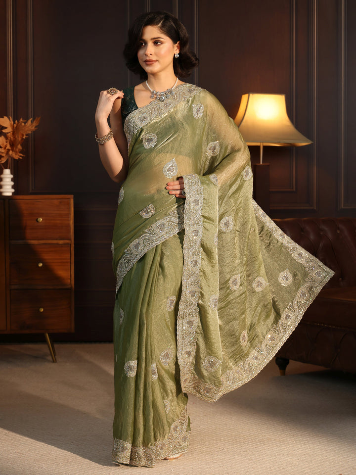 Libas Green Sequin Embellished Tissue Saree