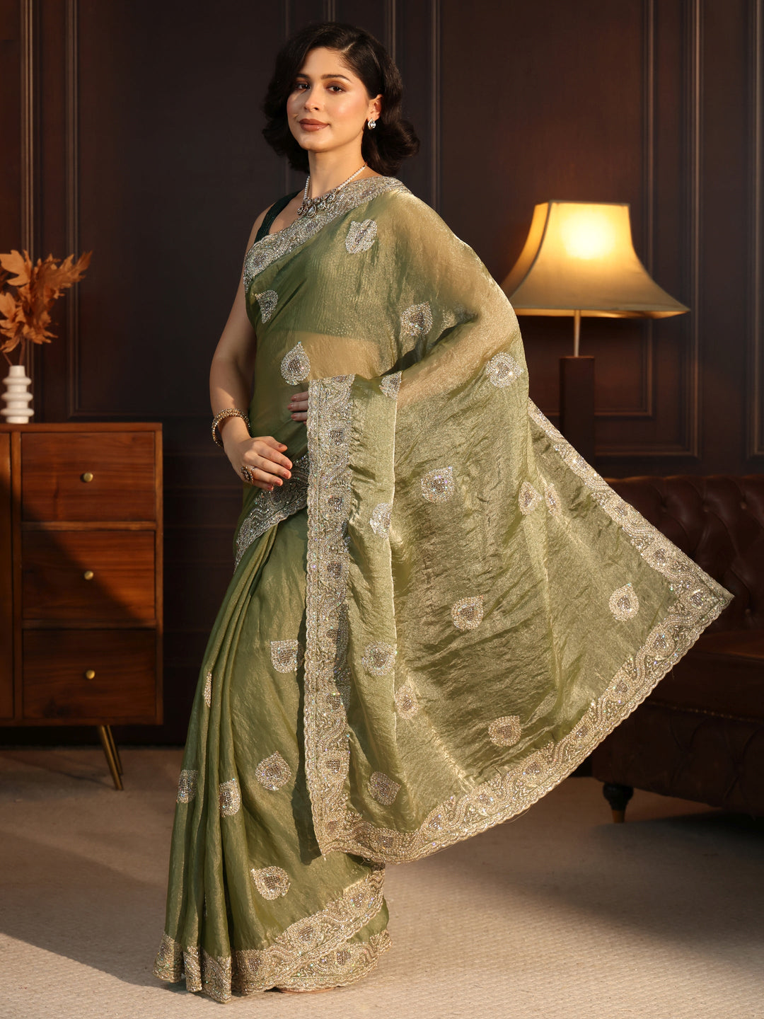 Libas Green Sequin Embellished Tissue Saree