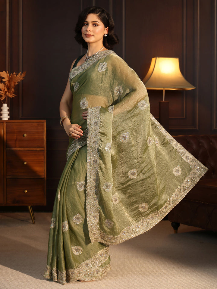 Libas Green Sequin Embellished Tissue Saree