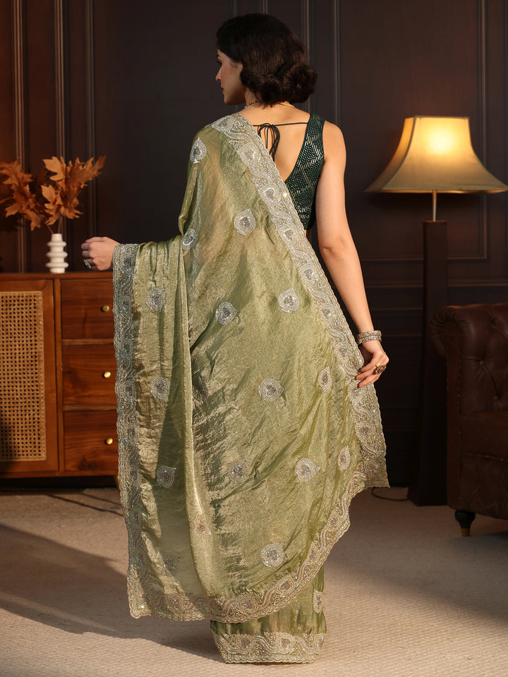 Libas Green Sequin Embellished Tissue Saree