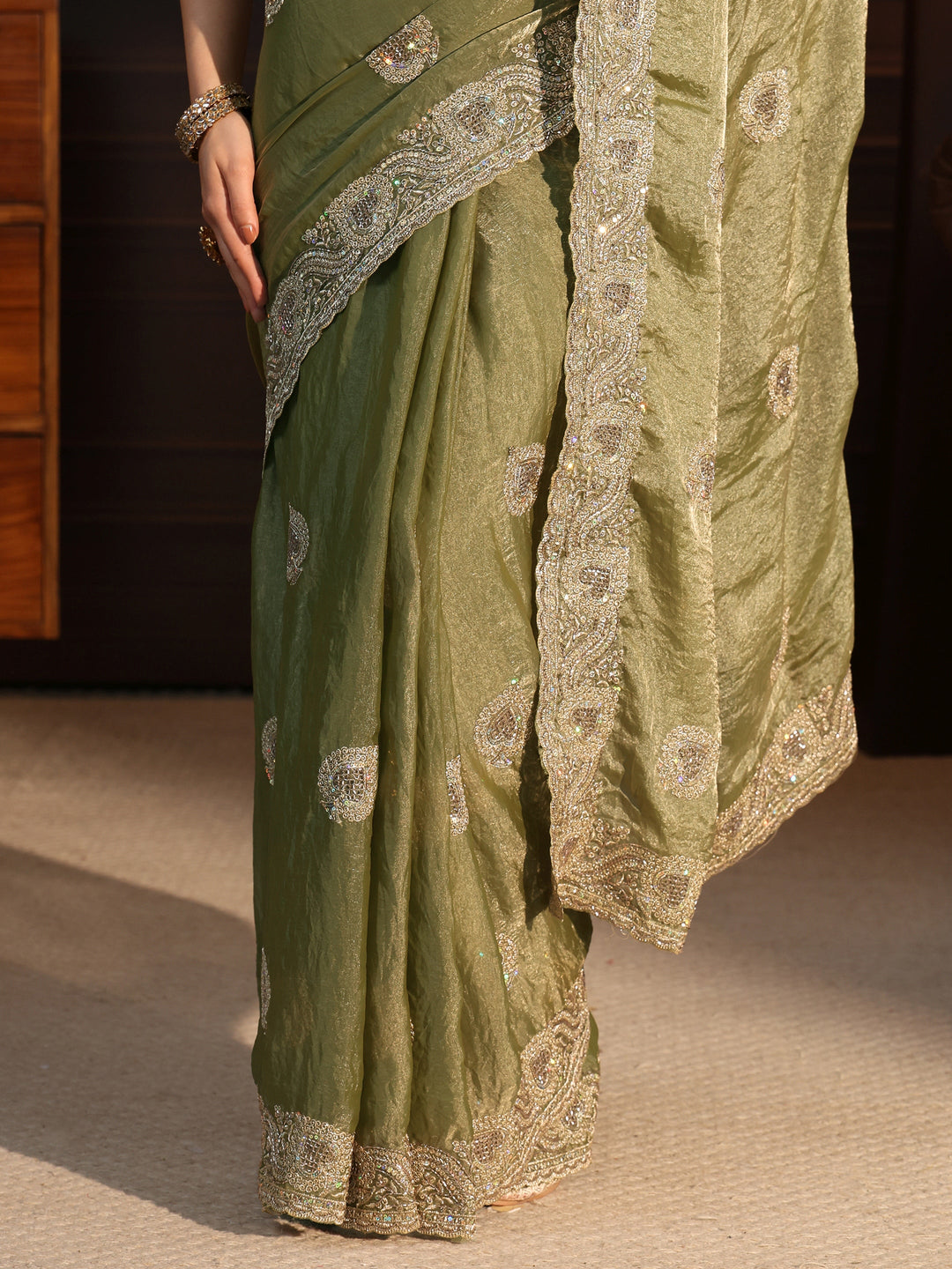 Libas Green Sequin Embellished Tissue Saree