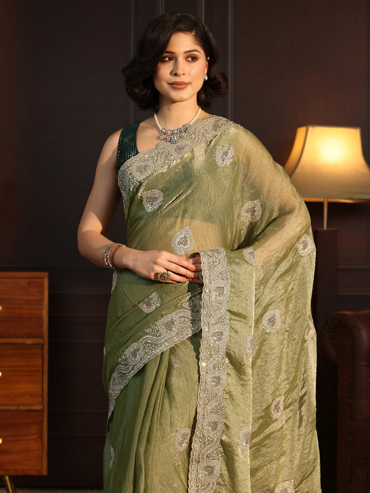 Libas Green Sequin Embellished Tissue Saree