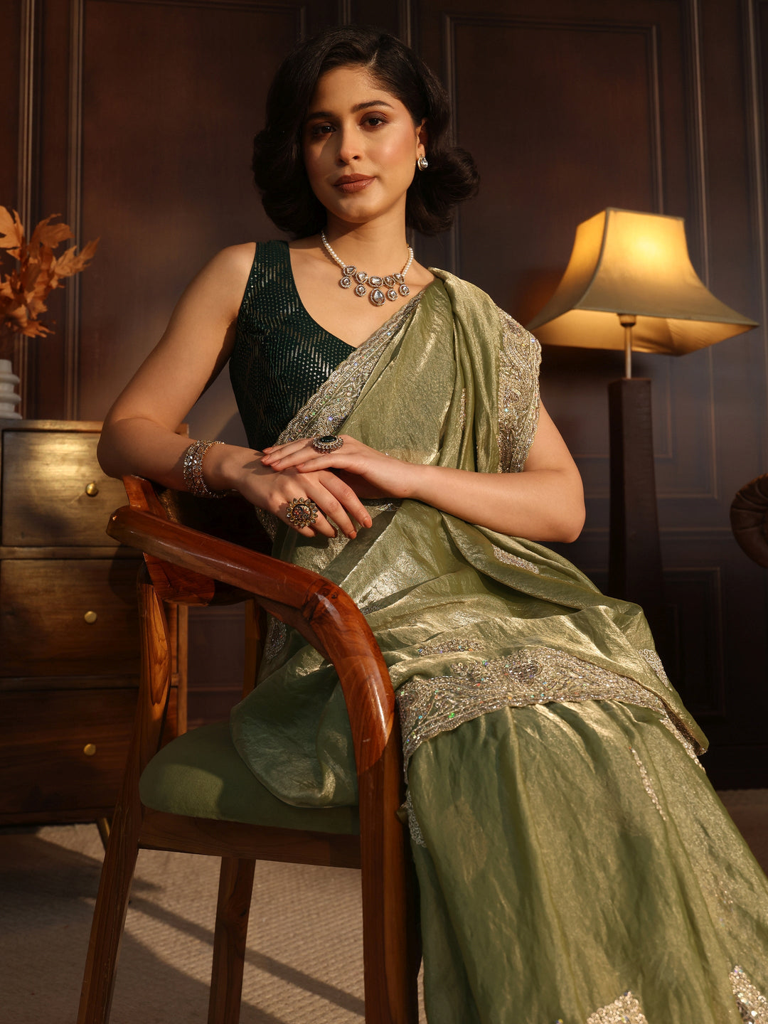 Libas Green Sequin Embellished Tissue Saree