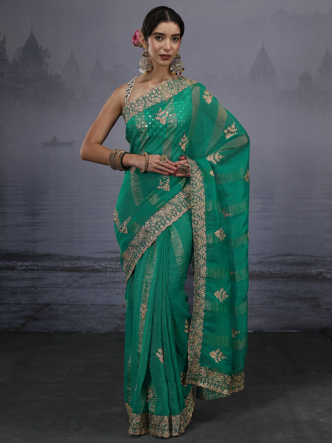 Libas Green Embroidered Georgette Saree