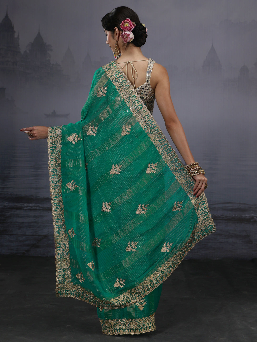 Libas Green Embroidered Georgette Saree