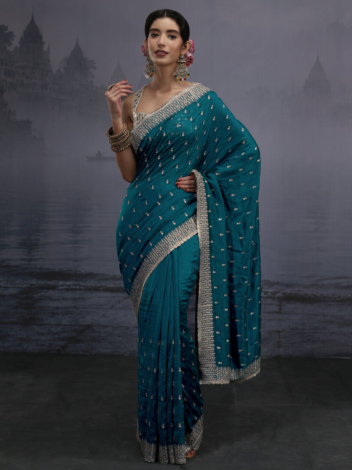 Libas Blue Floral Embroidered Silk Blend Saree