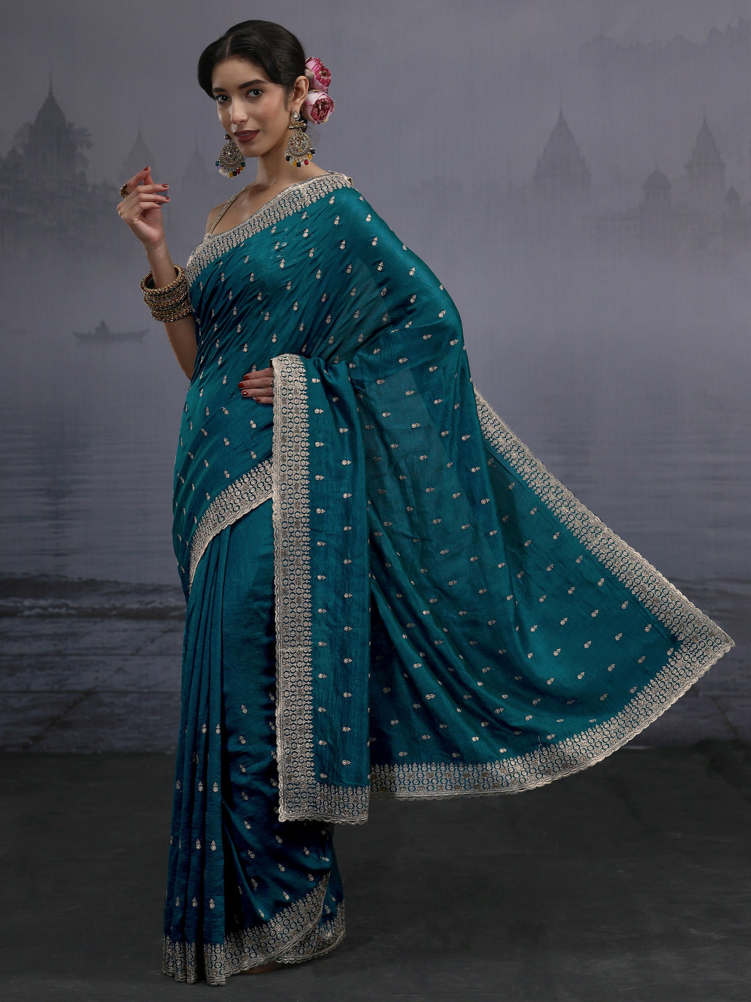 Libas Blue Floral Embroidered Silk Blend Saree
