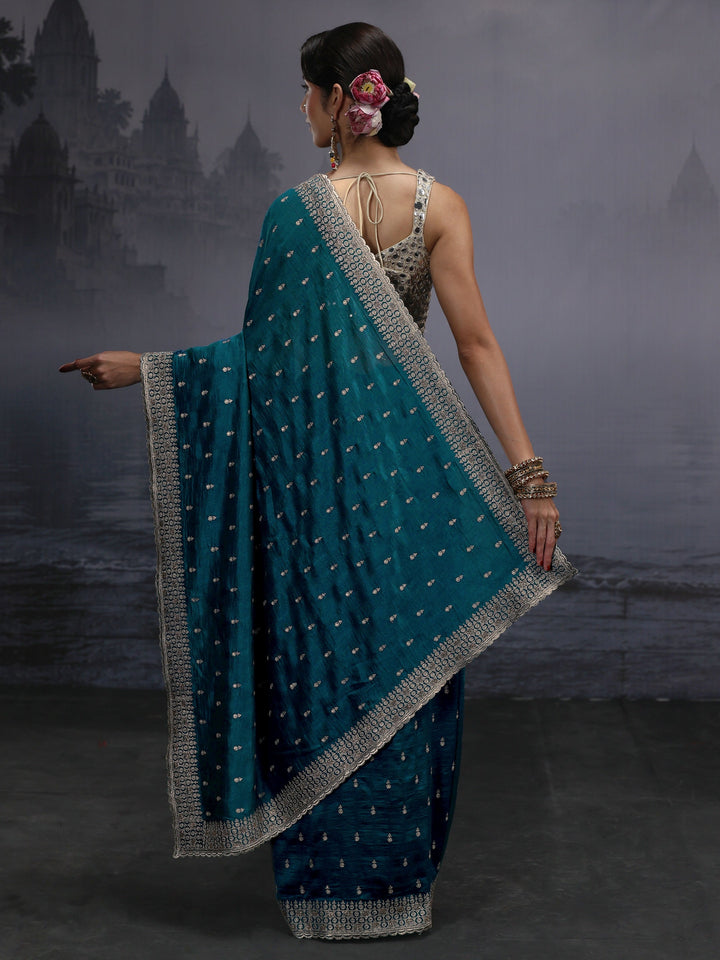Libas Blue Floral Embroidered Silk Blend Saree