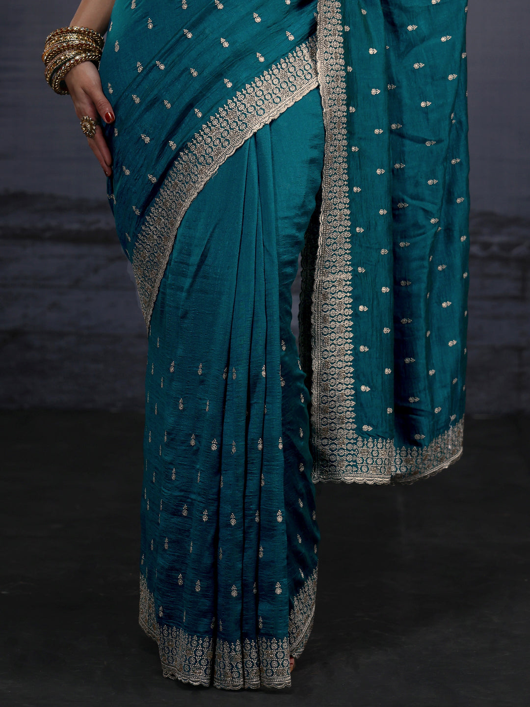 Libas Blue Floral Embroidered Silk Blend Saree