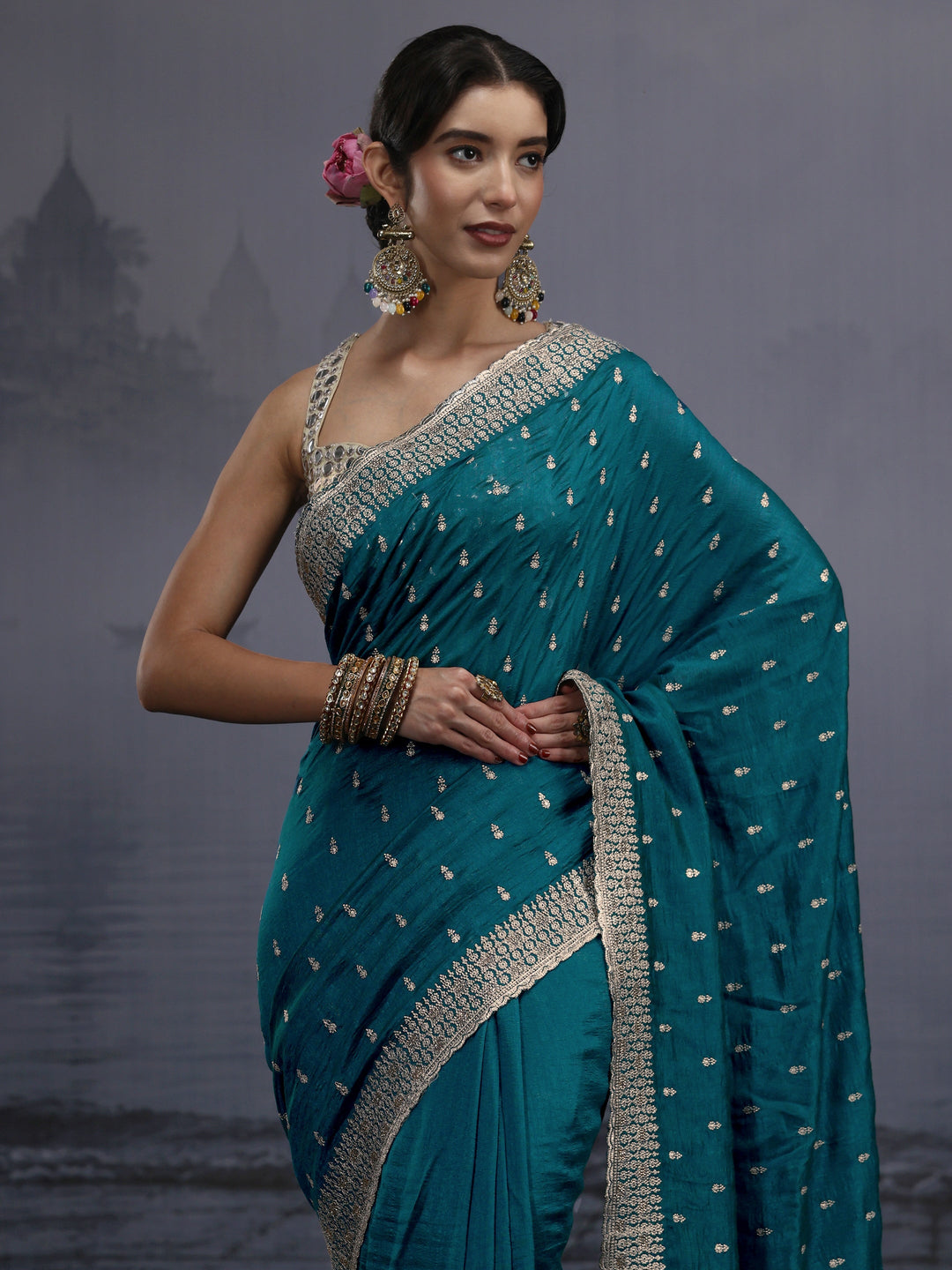 Libas Blue Floral Embroidered Silk Blend Saree