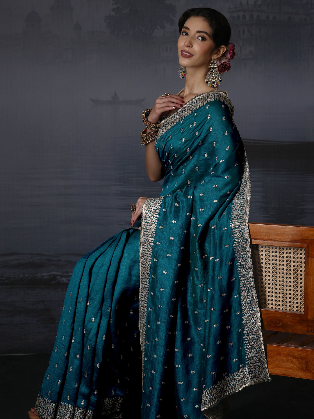 Libas Blue Floral Embroidered Silk Blend Saree