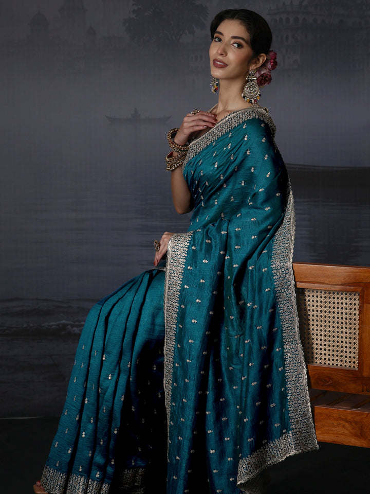 Libas Blue Floral Embroidered Silk Blend Saree